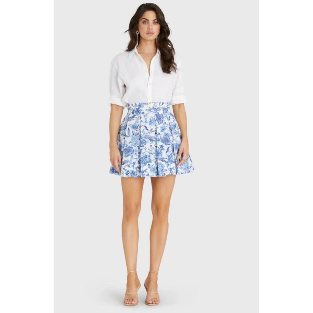 Aqua Blu Elle Mini Skirt Women Small White Blue Animal Floral‎ Pleated Bohemian